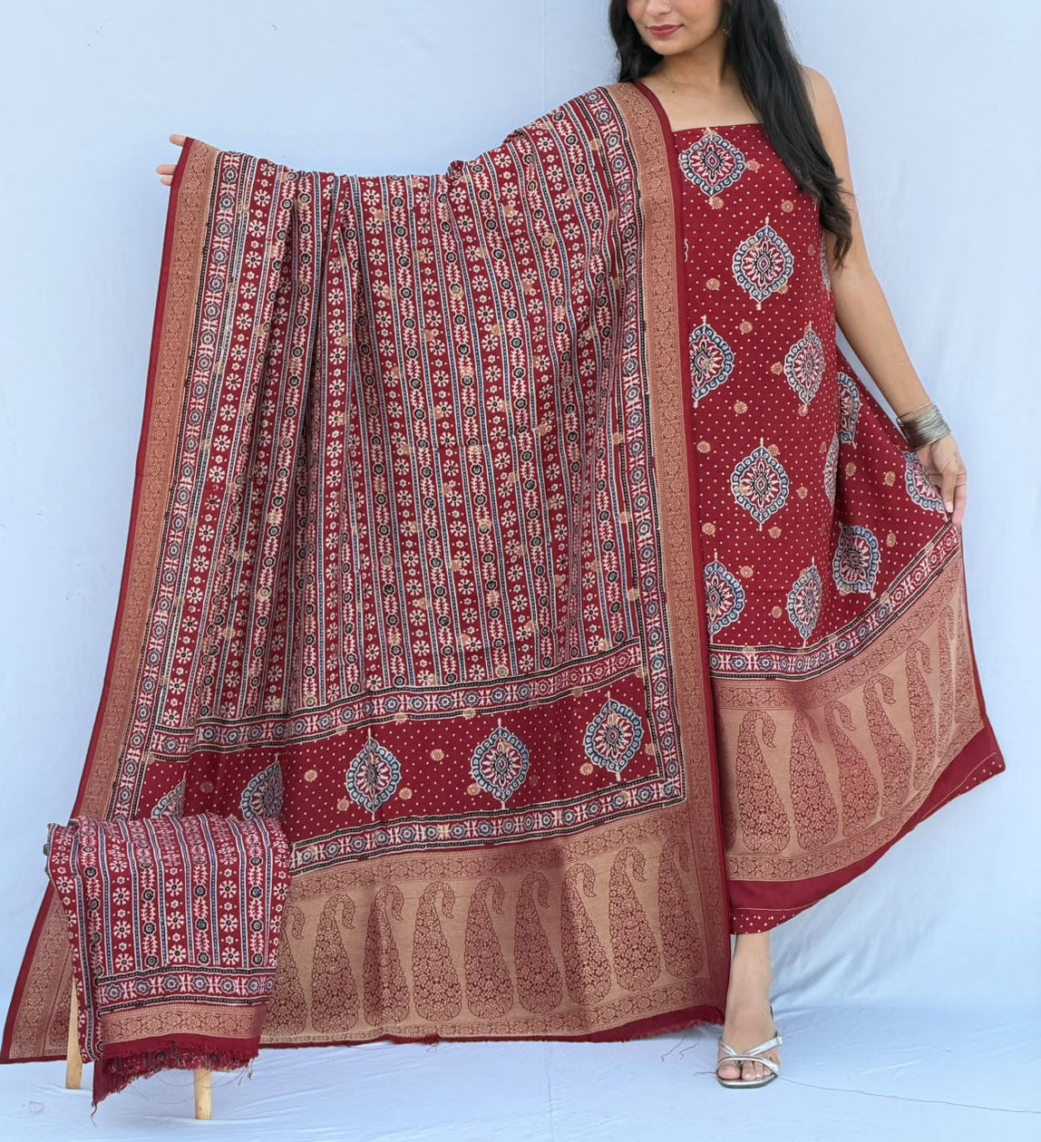 Designer Ajrakh Dola silk suit with woven bootis & borders - 3 pc suit