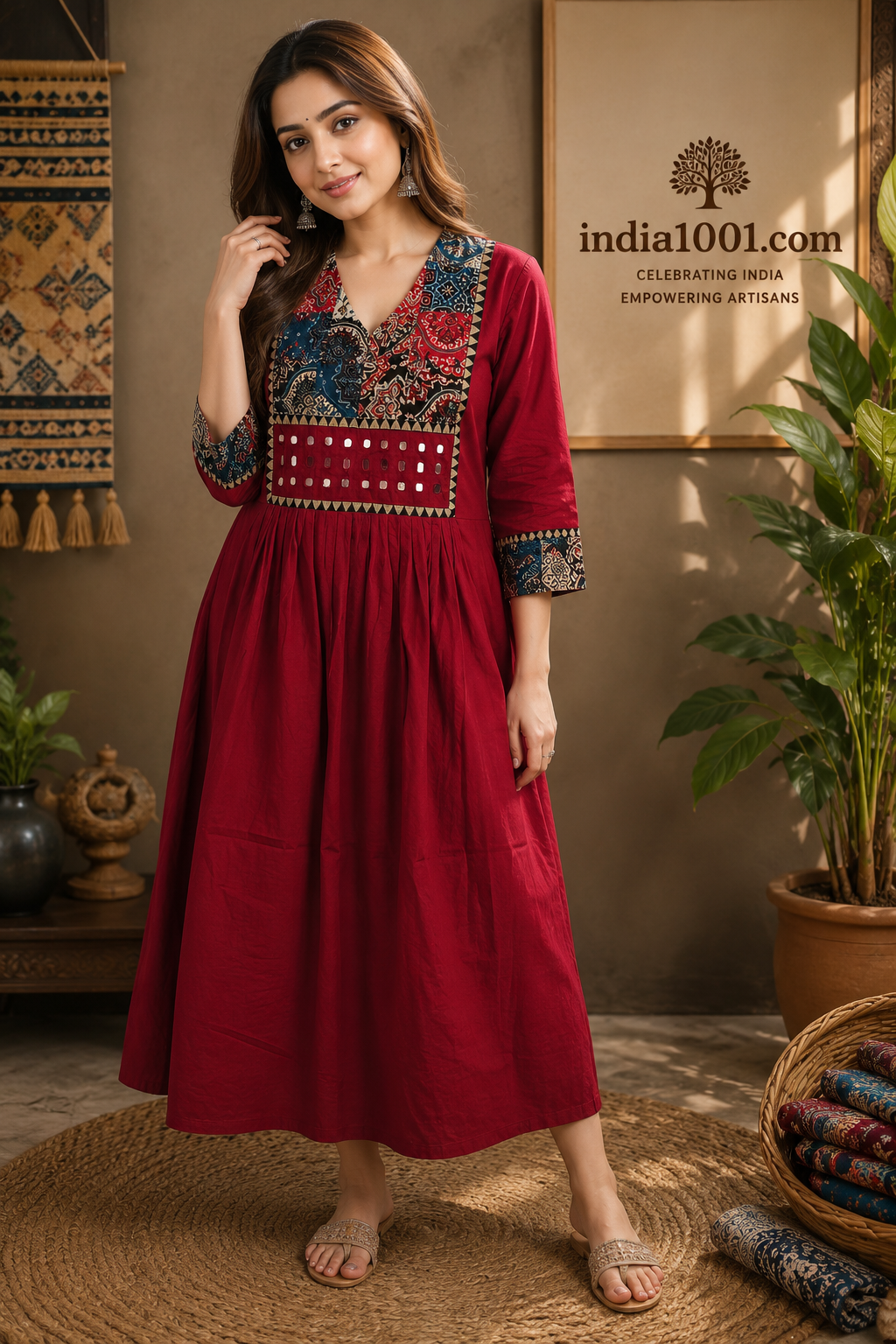 Designer Hand Block Printed cotton Kurta With Mirror Work - Size 38 to 48 ( all sizes)