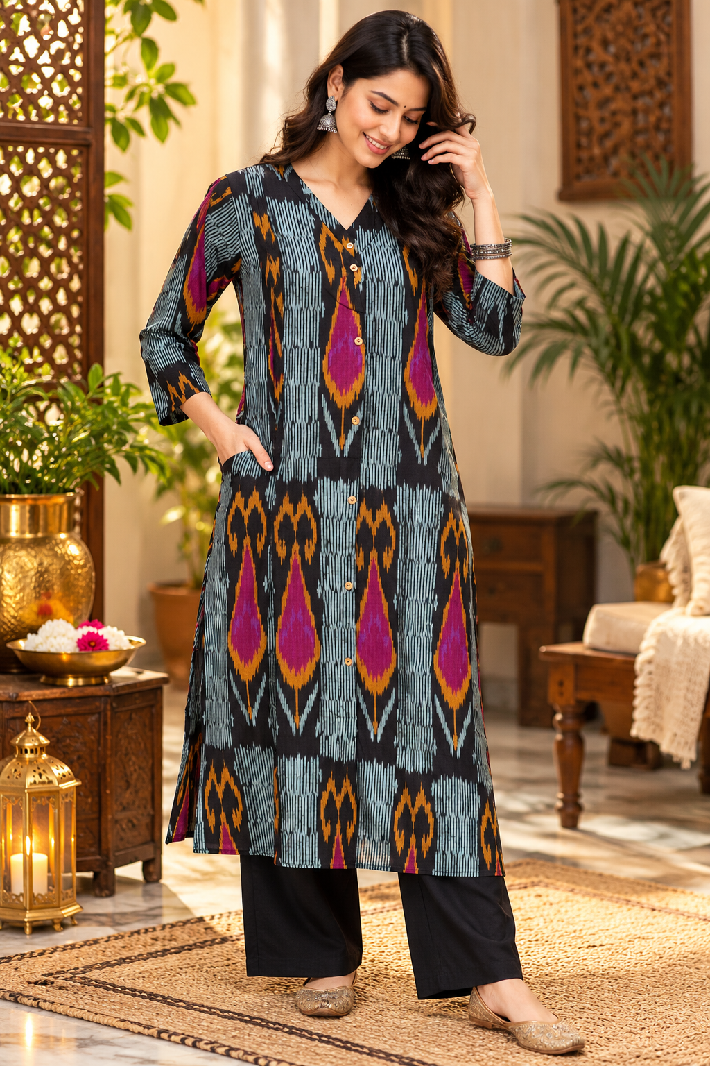 Designer Handwoven Uzbek Ikkat pure cotton Kurta - Size 40 to 46