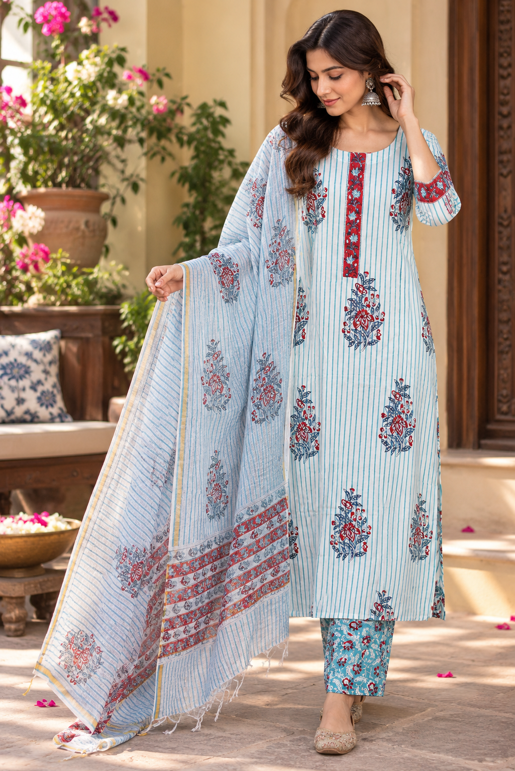 Designer Hand Block Print Cotton 3 pc Suit With Kota Doriya Dupatta - 38 to 46 size