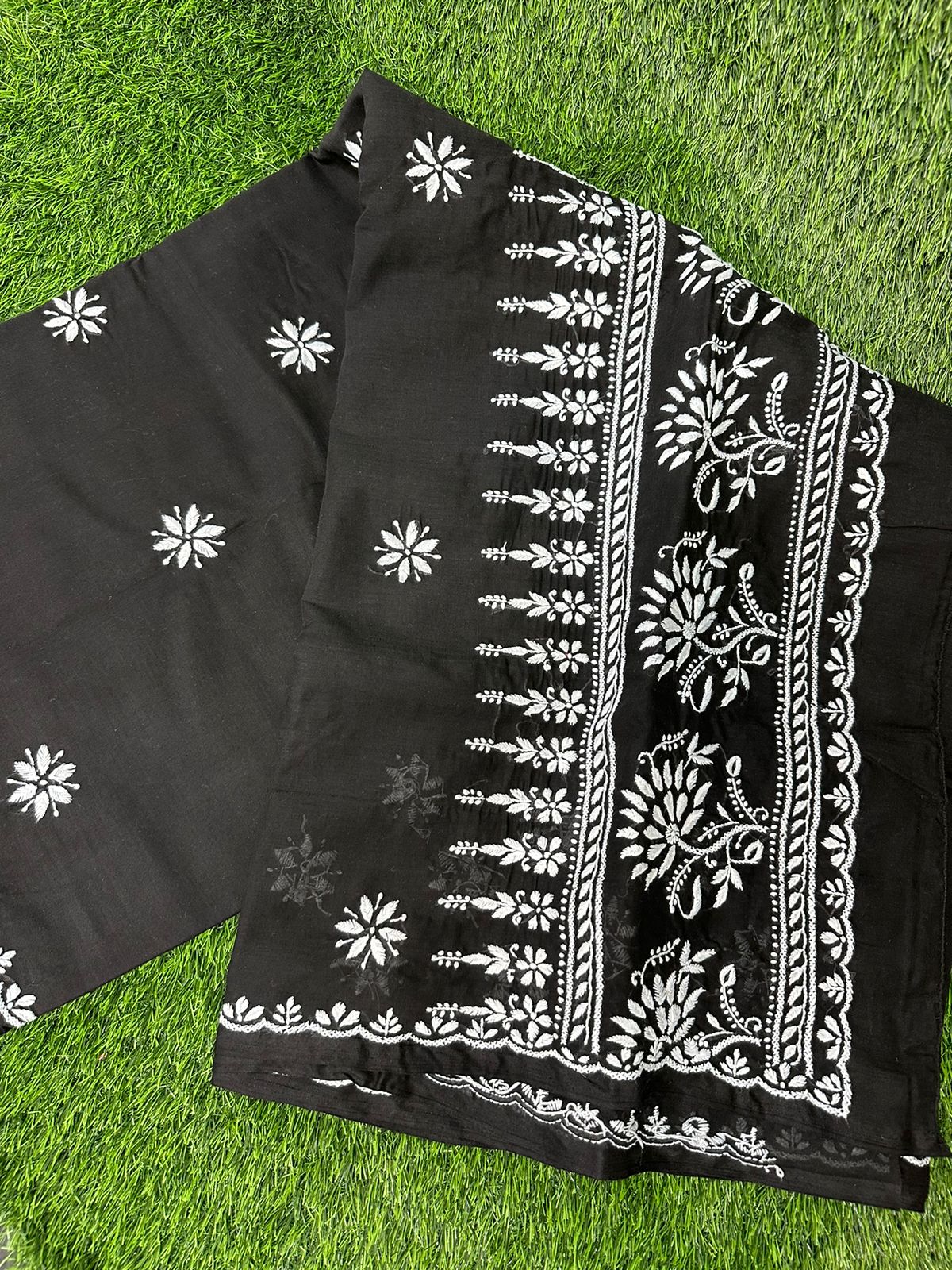 Elegant Black and White Cotton Saree with Hand Chikankari work with Bootis & Heavy Palla