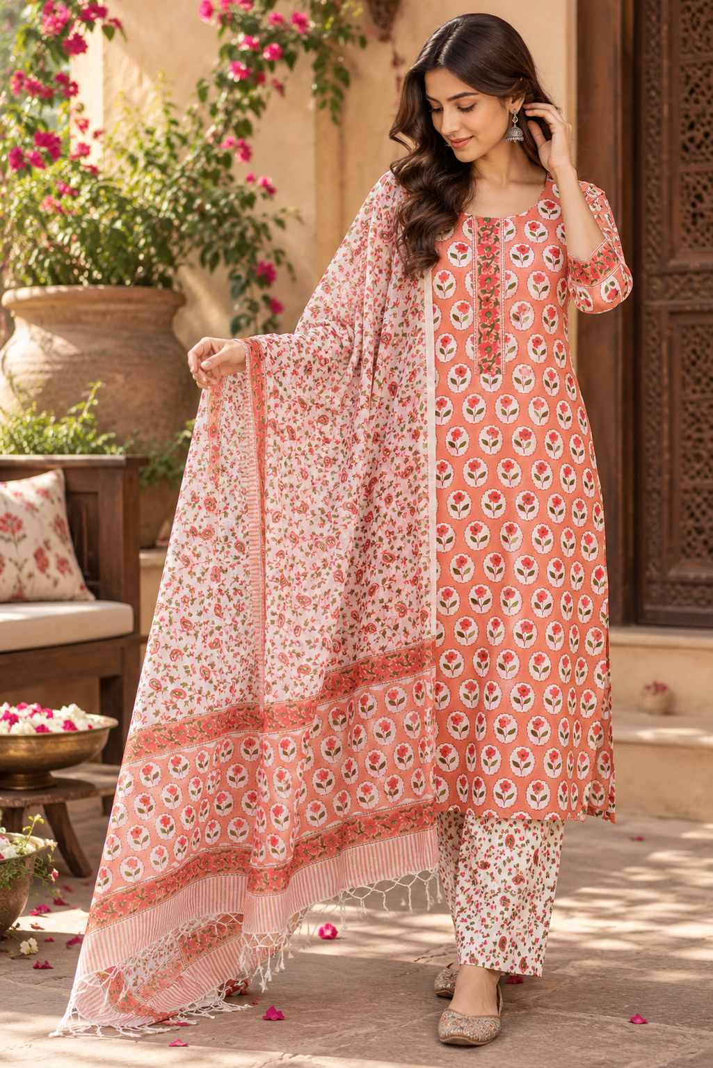 Designer Hand Block Print Cotton 3 pc Suit With Kota Doriya Dupatta - 38 to 46 size