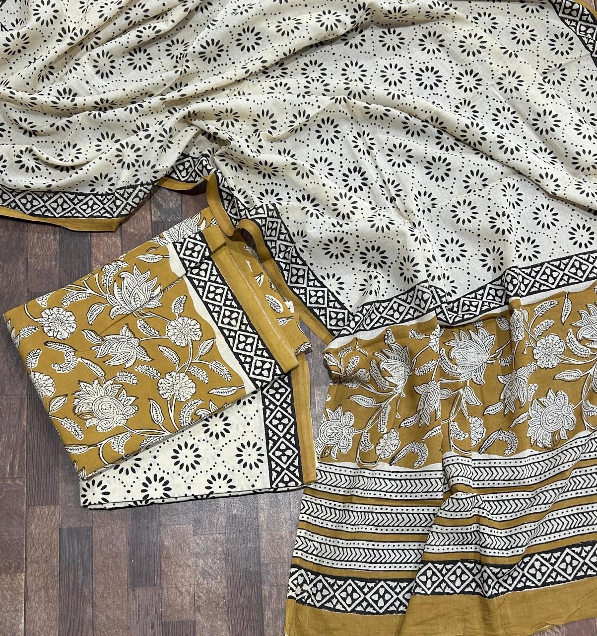 Elegant Bagru Block Printed unstitched suit fabric with Cotton dupatta