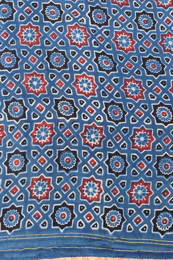 Beautiful Modal Silk Ajrakh Hand Block Print Fabric - 2.5 mtrs cut