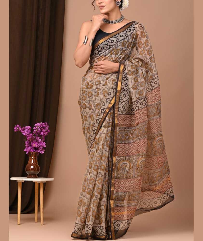 Beautiful Hand Block Printed Kota cotton Saree with zari border
