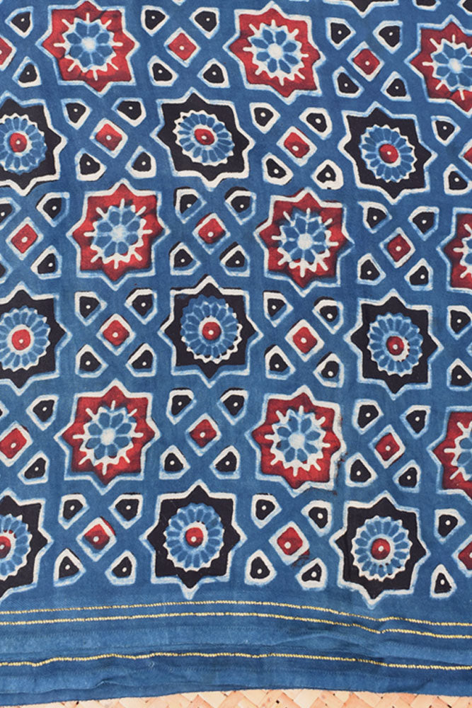 Beautiful Modal Silk Ajrakh Hand Block Print Fabric - 2.5 mtrs cut