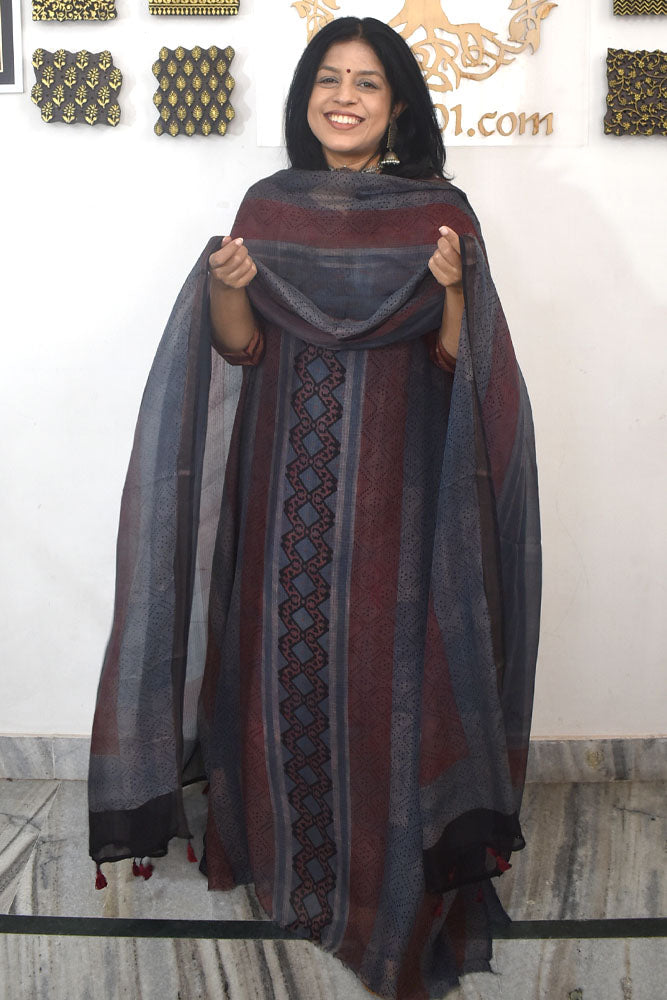 Designer Ajrakh Kota Silk Unstitched suit with Kota Silk Dupatta - 2 piece set