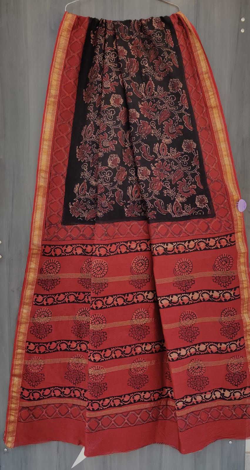Elegant & Earthy Hand Block Printed Dabu Ajrakh Maheshwari Saree
