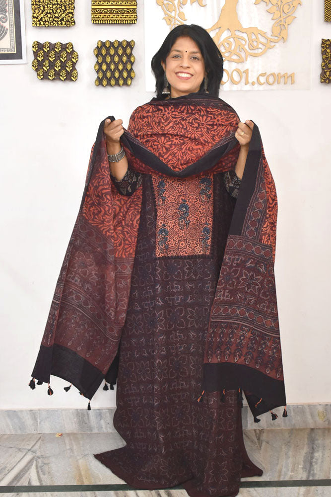 Block Print Ajrakh Cotton Suit with designer Ajrakh neck yoke /panel & Dupatta