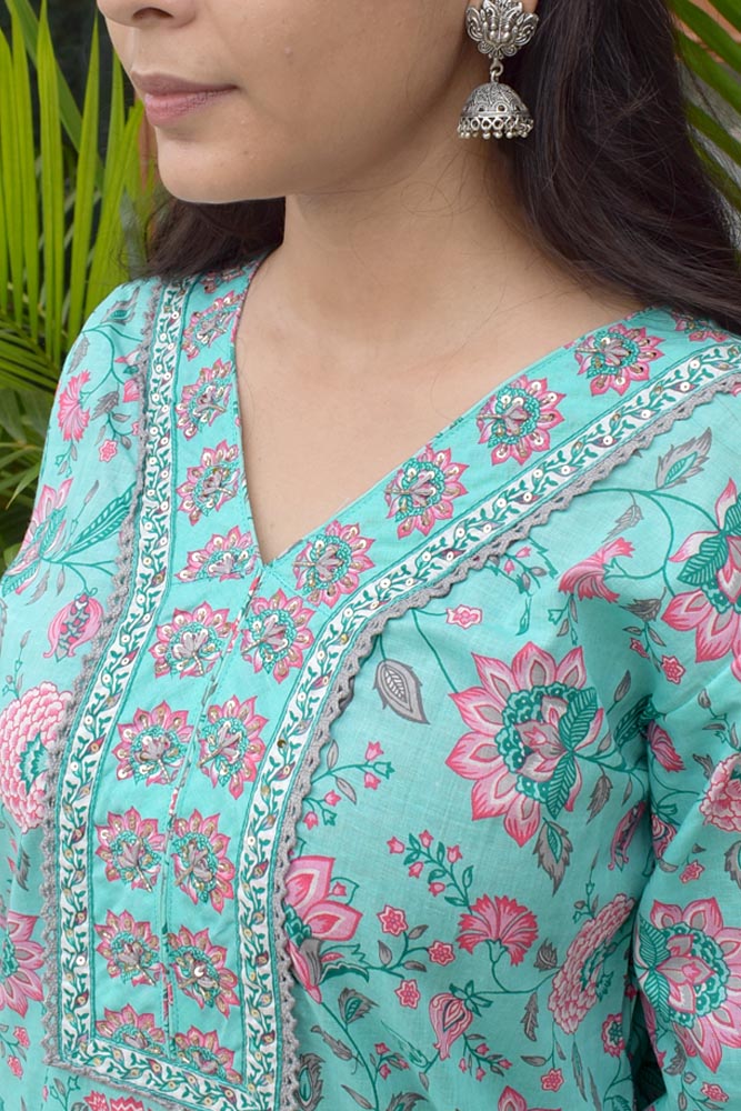 Beautiful Cotton Kurta with Hand Embroidery & Sequins Size - 38, 40, 42, 44