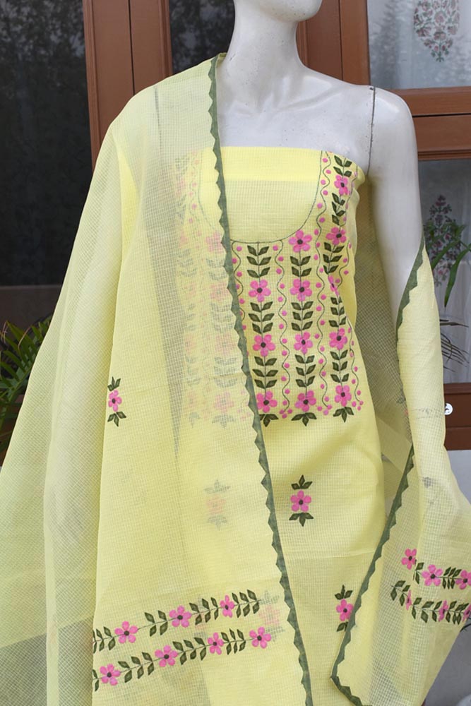 Elegant Kota Unstitched Kurta & Dupatta set with Hand done Phool patti work