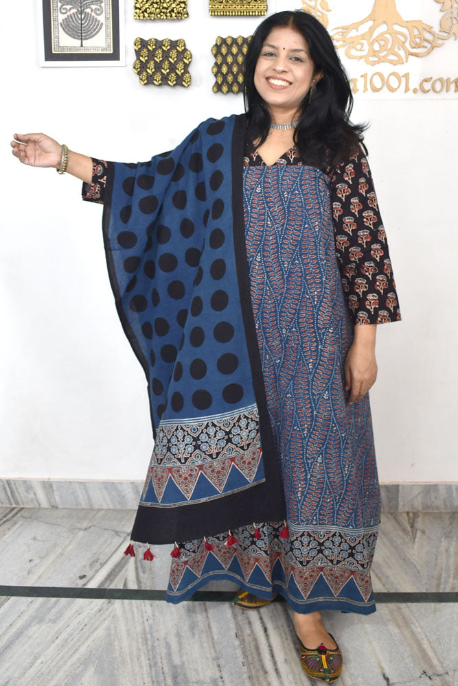 Designer Ajrakh Cotton kurta with Stole & Cotton Bottom - 3 piece set