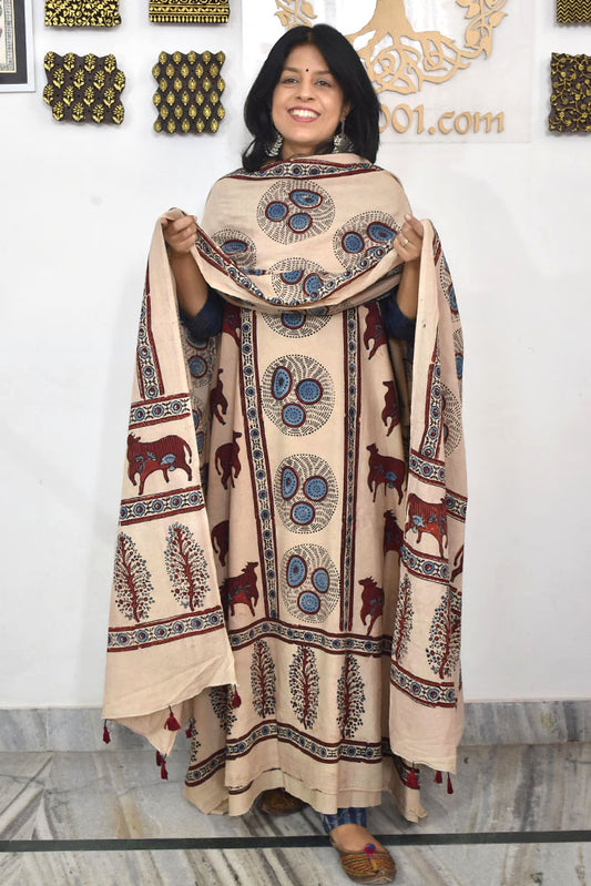 Block Print Ajrakh Cotton Suit with designer Ajrakh neck yoke /panel & Dupatta