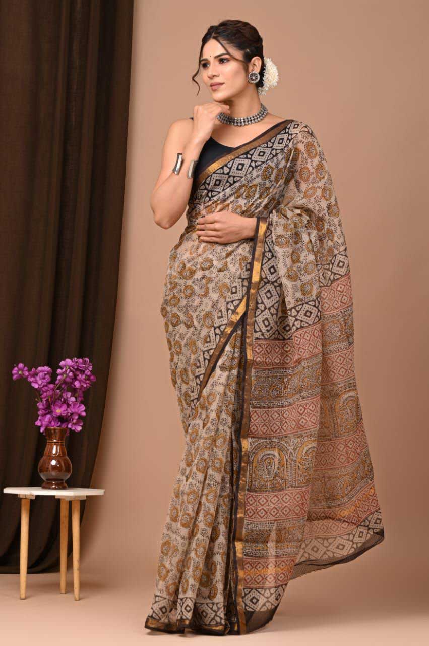 Beautiful Hand Block Printed Kota cotton Saree with zari border