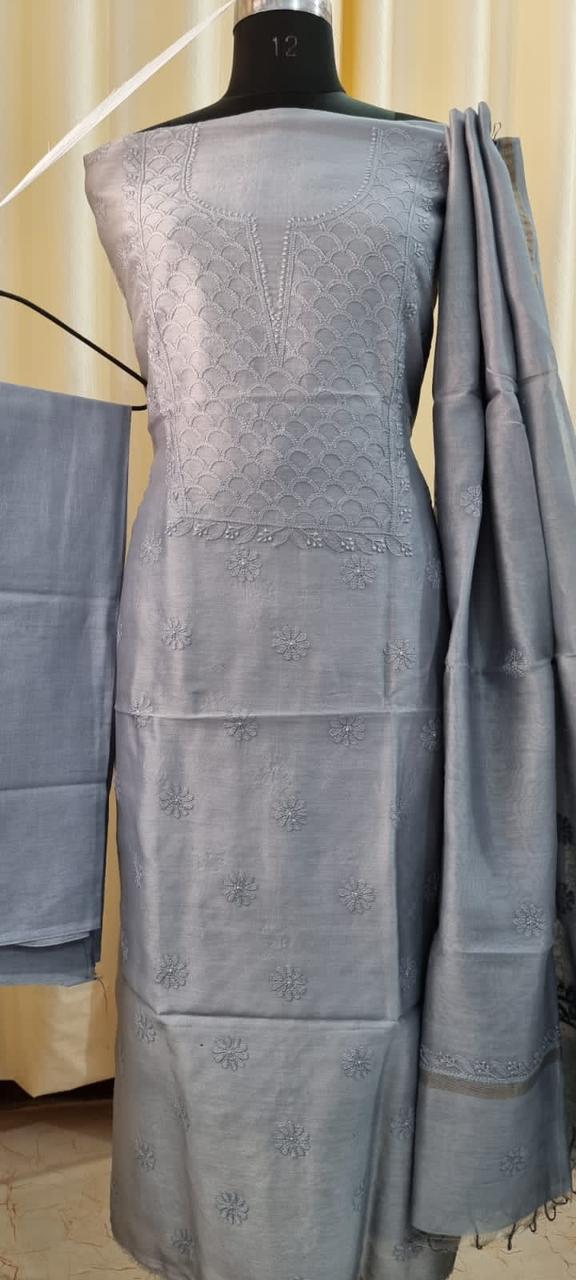 Elegant Chanderi silk Cotton Kurta & Dupatta with Chikankari Embroidery work & cotton bottom - 3 pc set