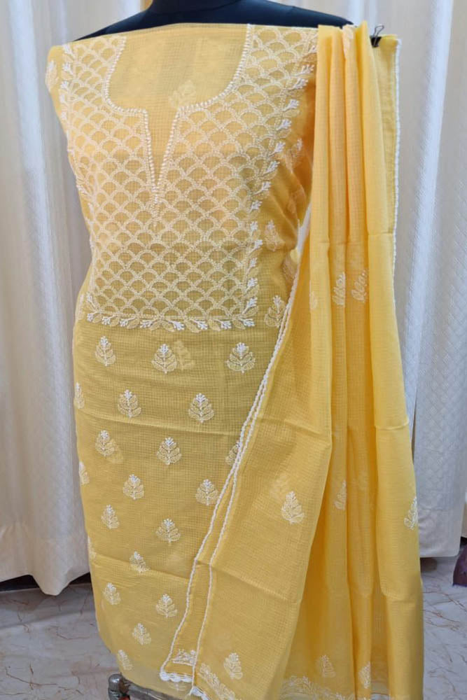 Elegant Kota Doria Kurta & Dupatta Set with Lucknowi Hand Chikankari embroidery