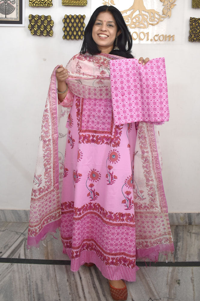 Designer Hand Block Print Cotton suit with Chanderi dupatta