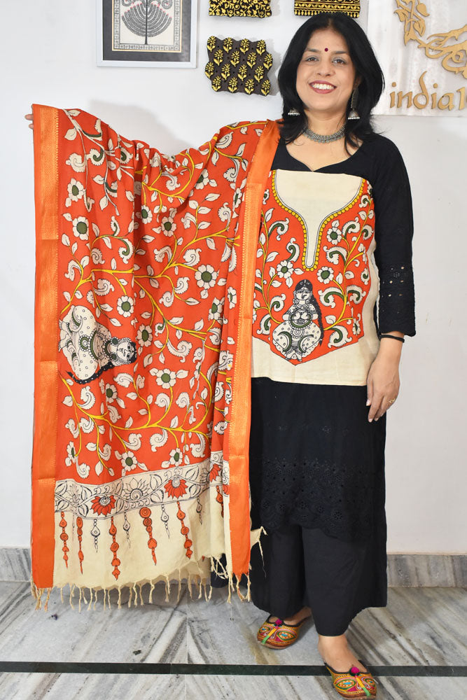Beautiful Hand Painted Pen Kalamkari Dupatta & patch in Bangalore silk in Cotton
