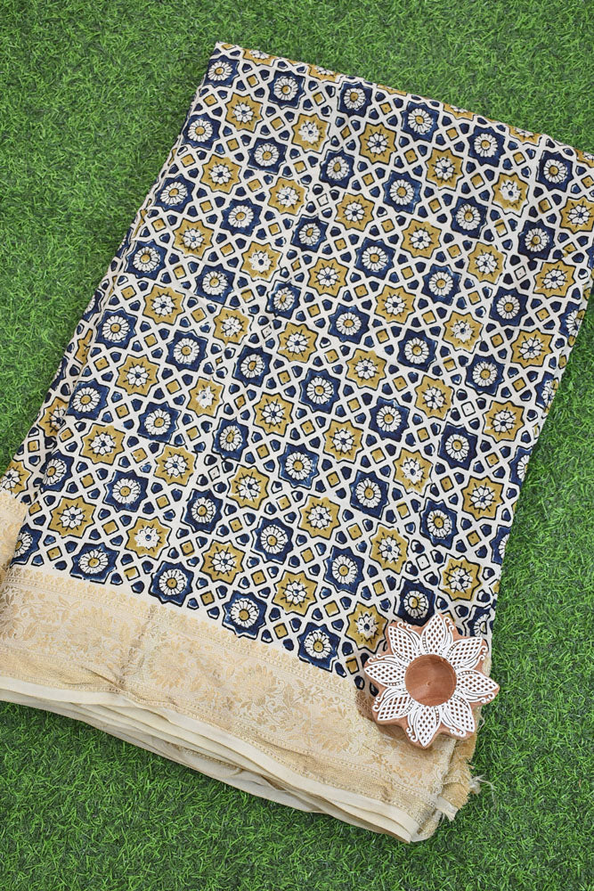 Beautiful Ajrakh Dola Silk Hand Block Print Fabric - 3 mtrs cut