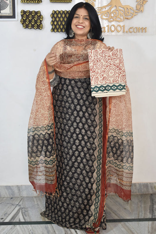 Beautiful Kota Doria cotton suit with Hand Block print