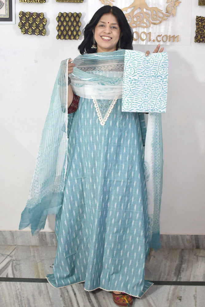 Elegant Handwoven Ikkat Cotton Unstitched Suit with Ajrakh patch ,Intricate Hand Embroidery block print dupatta