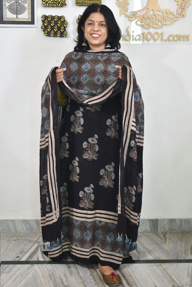 Ajrakh Hand Block Print Georgette Dupatta & Georgette Kurta Fabric