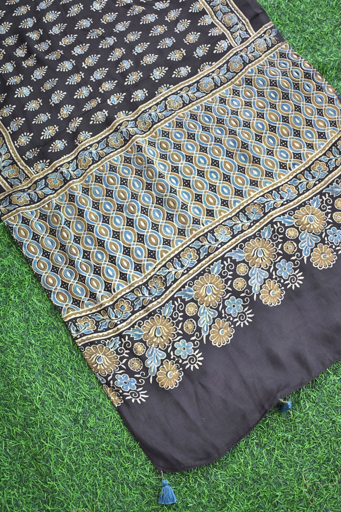 Beautiful Hand Block Printed Ajrakh Modal Silk stole with Tassels