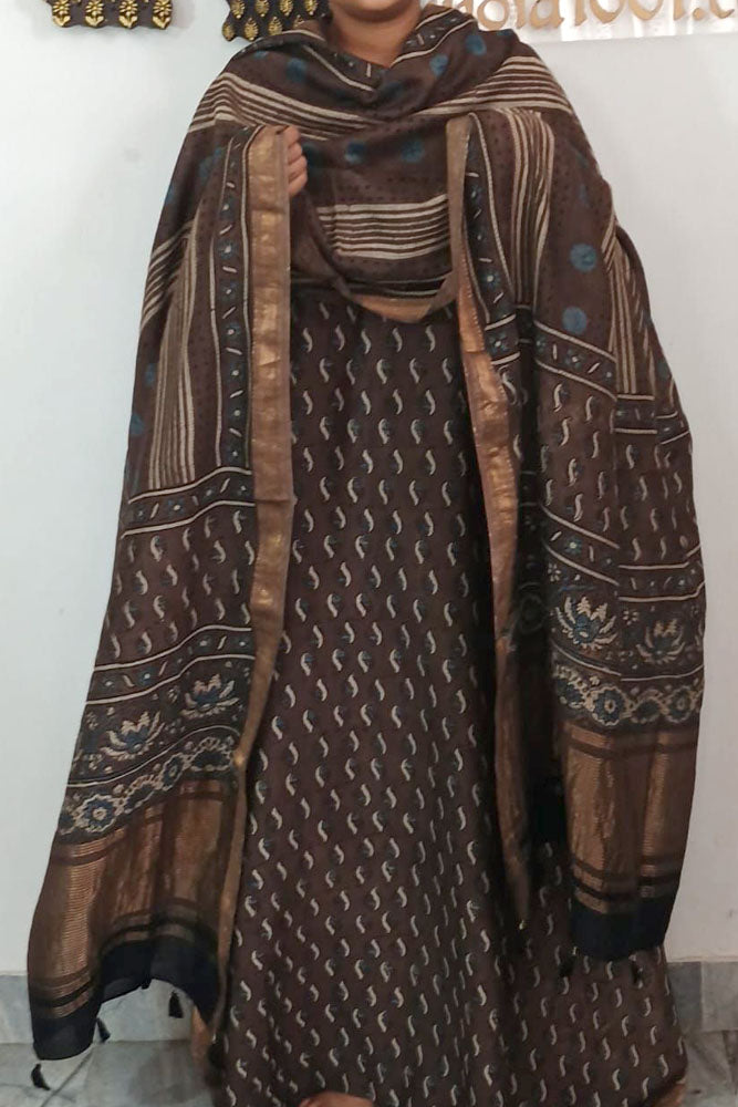 Beautiful Hand Block Printed Ajrakh Maheshwari Silk Cotton Unstitched suit fabric - 2 pc set