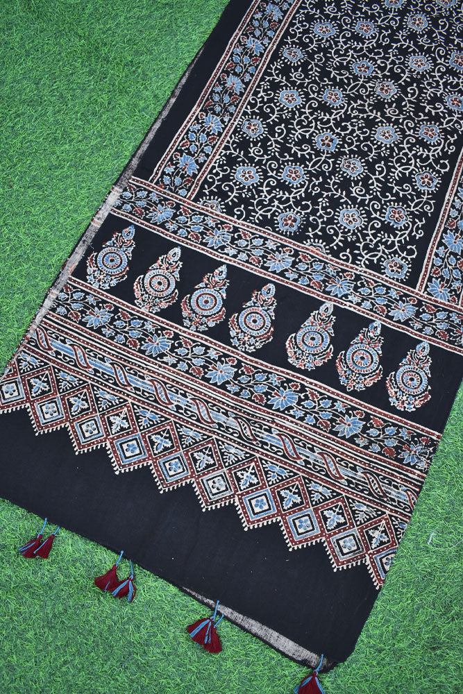 Ajrakh Hand Block Printed Khadi Cotton Stole with Tassels & natural dyes