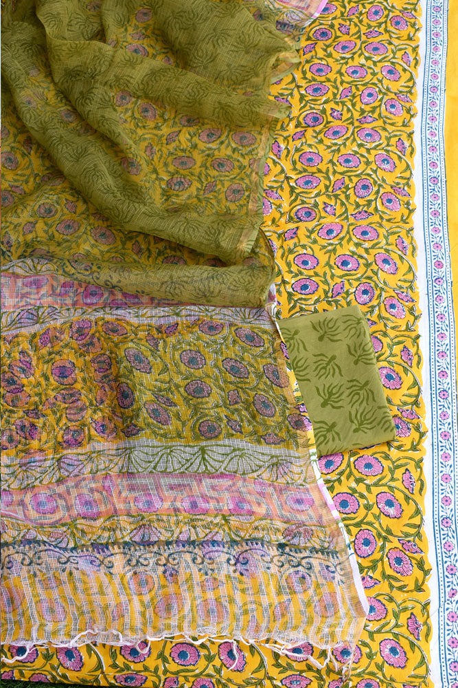 Beautiful Hand Block Printed Cotton unstitched suit fabric with Kota Doria Dupatta
