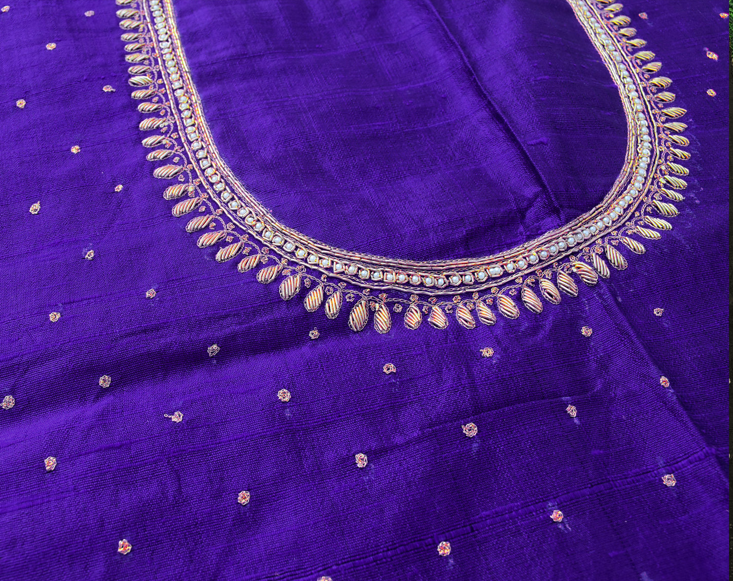 Intricate & Detailed Hand Zardozi, Dabka, Aari , Pearl & Sequin work Blouse Fabric on Pure Raw Silk Fabric