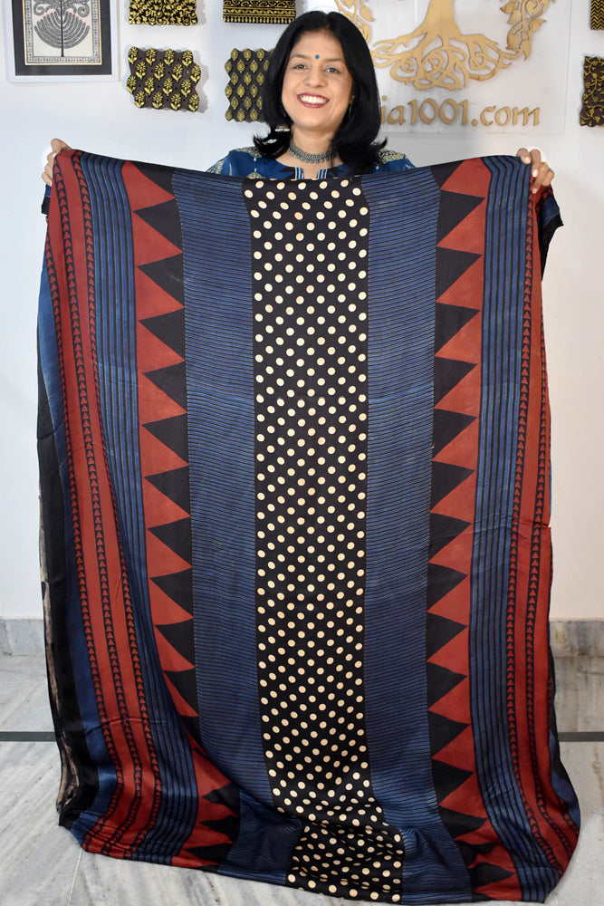 Beautiful Modal Silk Ajrakh Hand Block Print Fabric - 3 mtrs cut