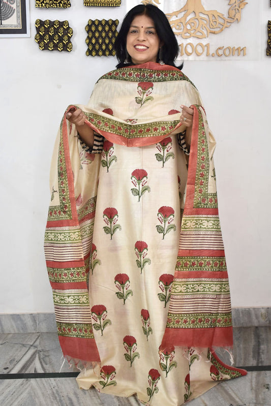 Elegant Hand Block printed Bhagalpuri Silk Kurta Dupatta Set