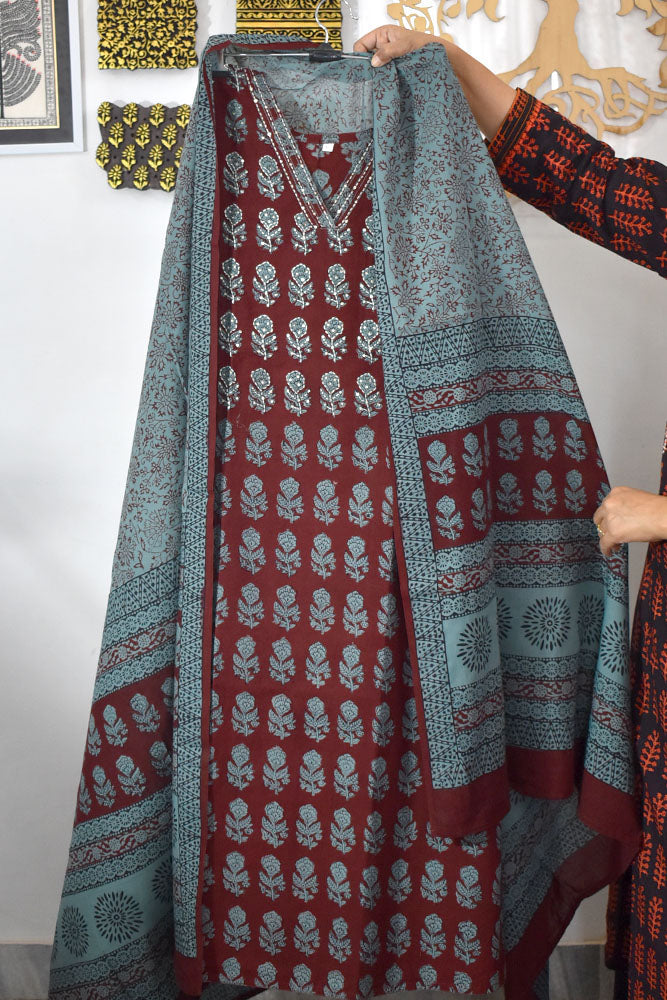 Bagh Hand Block Printed stitched 3 pc Cotton suit With Hand Embroidery - 46 size