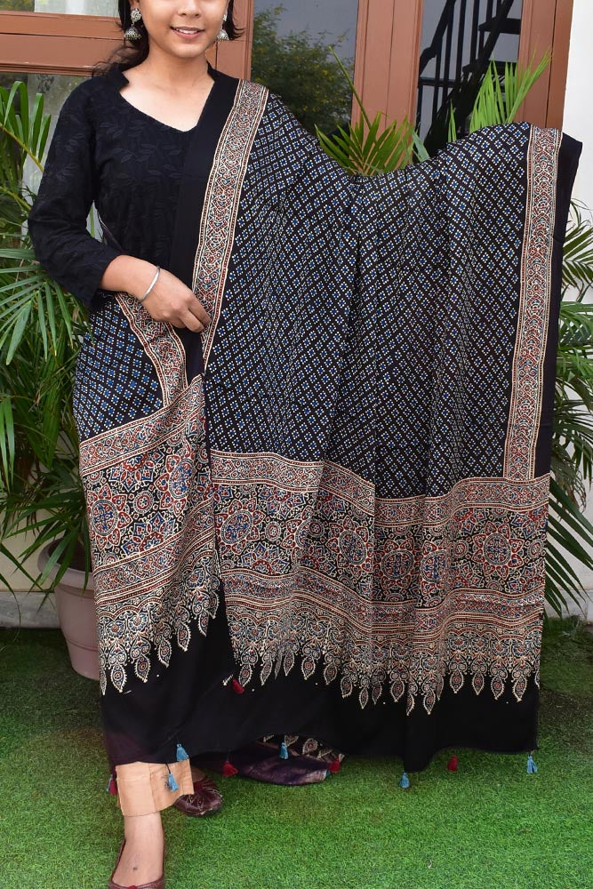 Elegant Modal Silk Ajrakh Block Print Dupatta with tassels