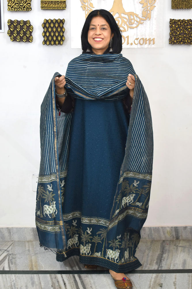 Elegant Hand Block print cotton suit with Schiffli work & Chanderi dupatta