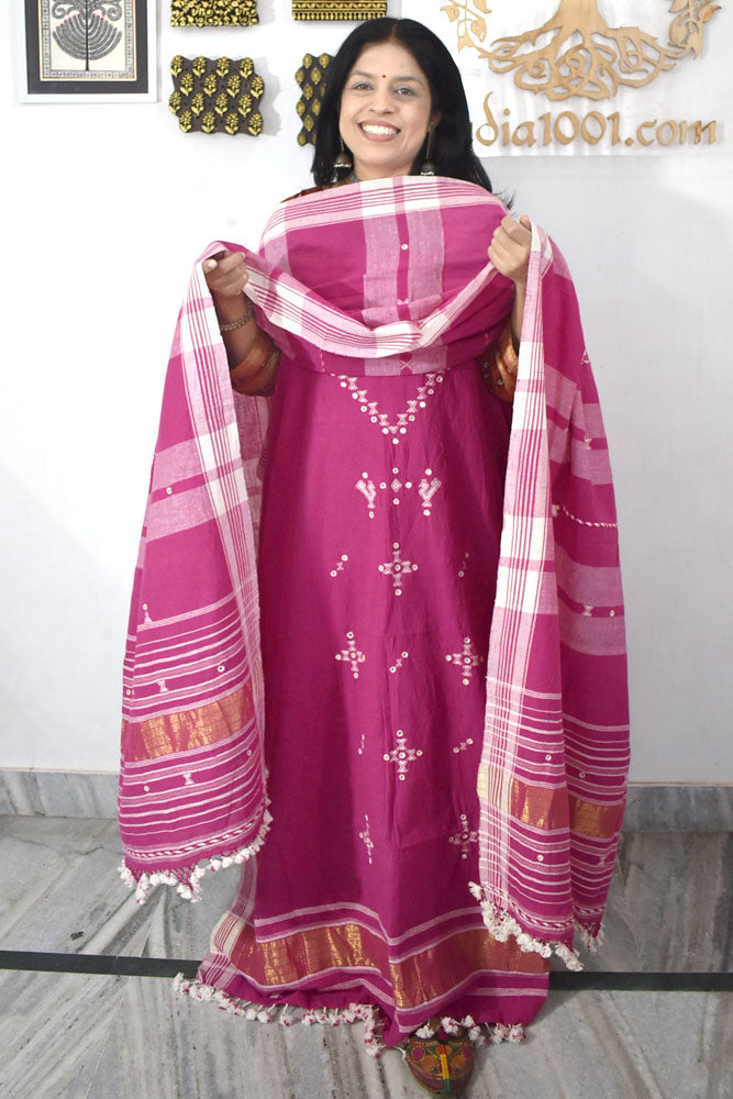 Premium Handwoven Kala Cotton Bhujodi suits with Mirror Work - 3 pc set