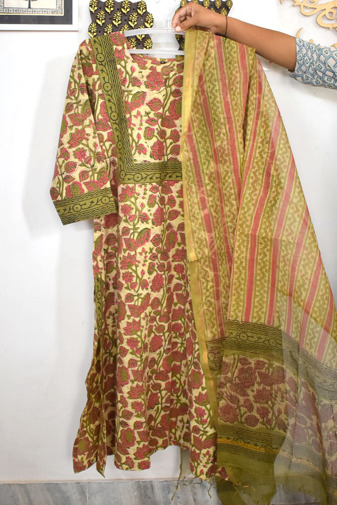 Vanaspati Ajrakh Hand Block Printed stitched 3 pc Cotton suit - 38 to 46 size