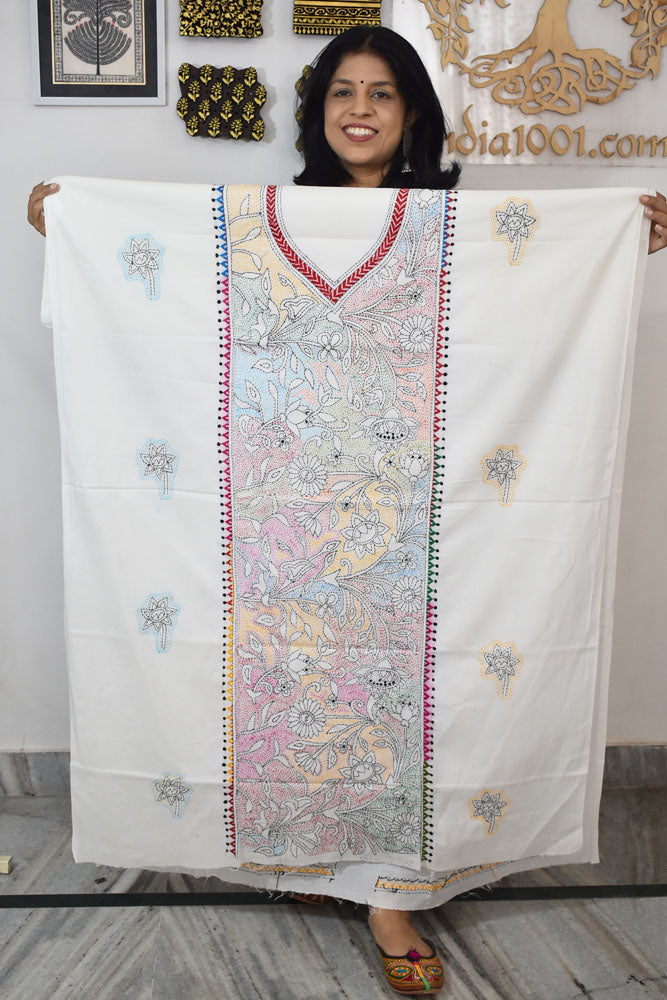 Hand Embroidered Kantha work cotton fabric - (Length 2.8 mtrs )