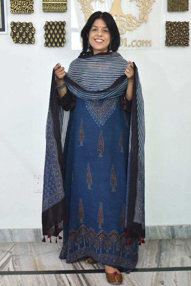 Ajrakh Hand Block Print Georgette Dupatta & Georgette Kurta Fabric