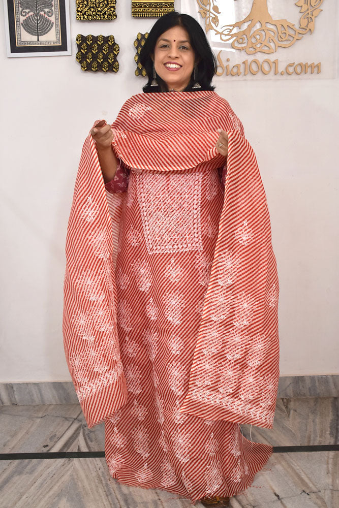 Elegant Leheriya Lucknowi Chikankari Hand Embroidery work Kurta Fabric and dupatta set - 2 pc set