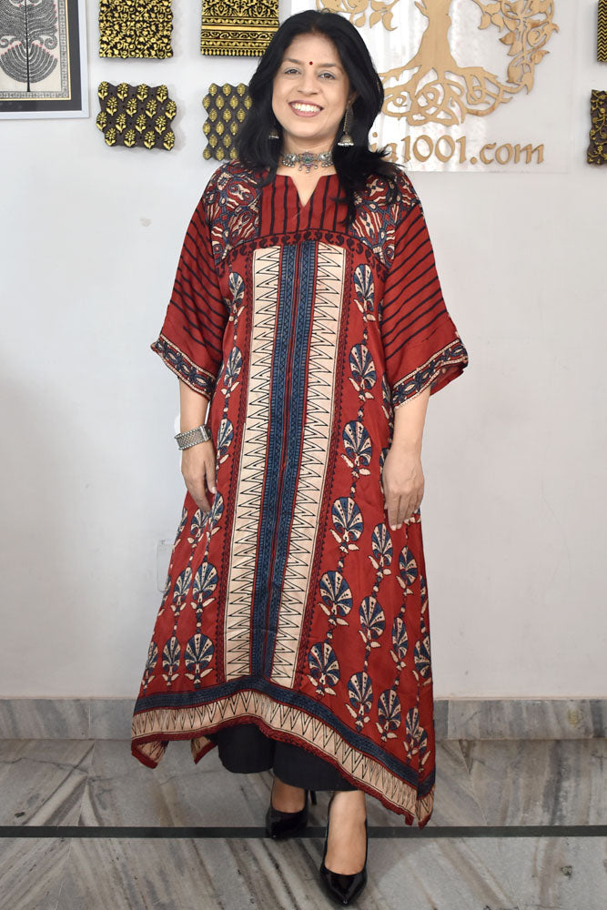 Beautiful Hand Block Printed Ajrakh Modal Silk Kurta, Size 40 to 46