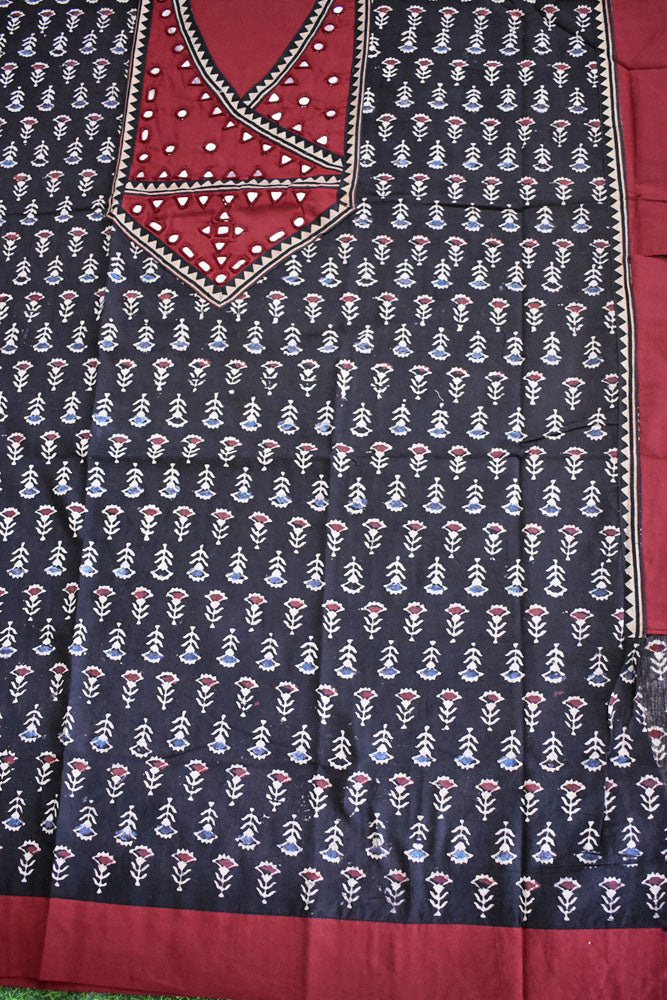 Designer Ajrakh Cotton Short Kurta Fabric with Kutch Mirror Work patch