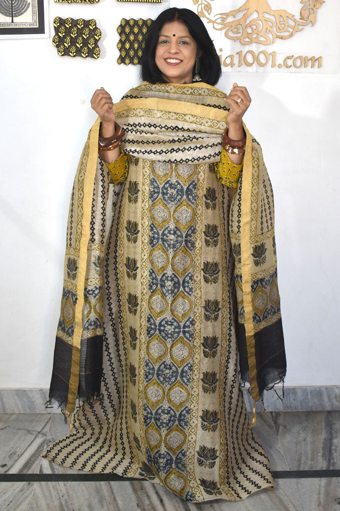 Beautiful Pure Linen Ajrakh Hand Block Print Suit