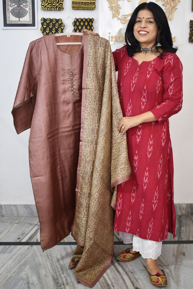 Semi Stitched Block Printed Tussar Silk Dupatta  & Tussar Kurta Fabric