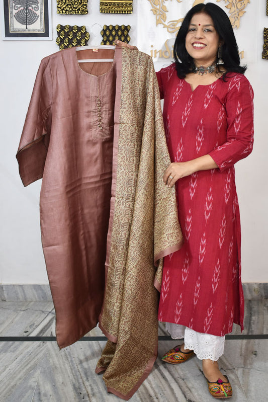 Semi Stitched Block Printed Tussar Silk Dupatta  & Tussar Kurta Fabric