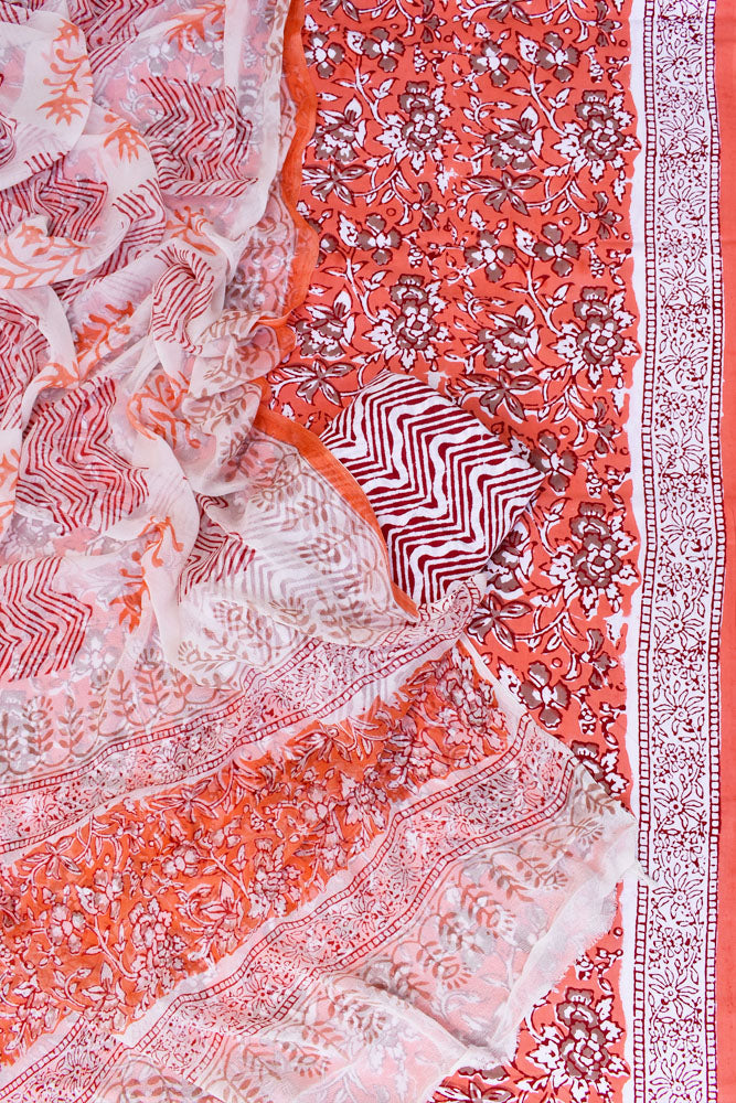 Hand Block Printed Cotton unstitched suit fabric with Chiffon dupatta