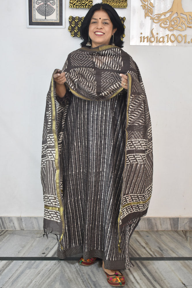 Elegant Hand Block print cotton suit with Schiffli work & Chanderi dupatta