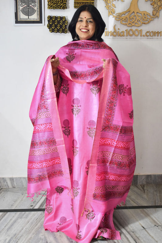 Elegant Hand Block printed Moonga Tussar Silk Kurta Dupatta Set