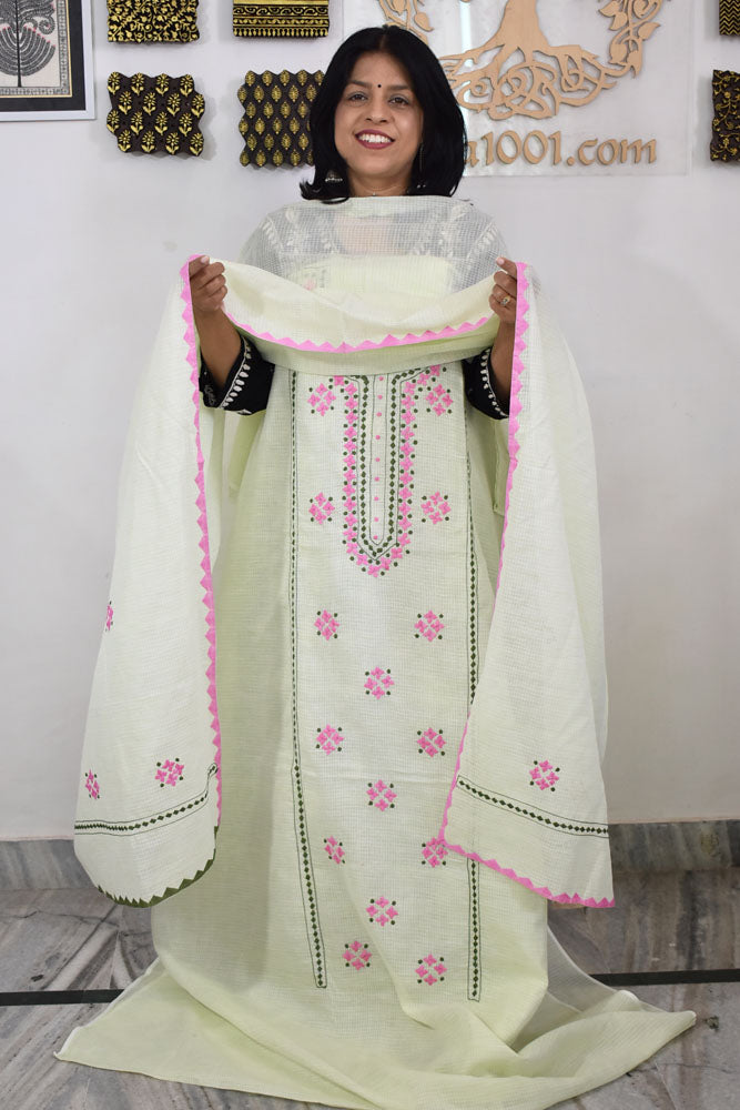 Elegant Kota Unstitched Kurta & Dupatta set with Hand done Phool patti work and Applique border